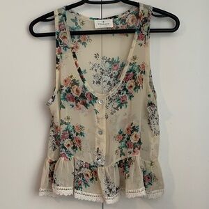Threads Studio Cream Floral Lace Trim Peplum Sheer Sleeveless Crop Top Size S